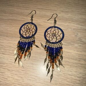 Blue and Gold Dreamcatcher Earrings